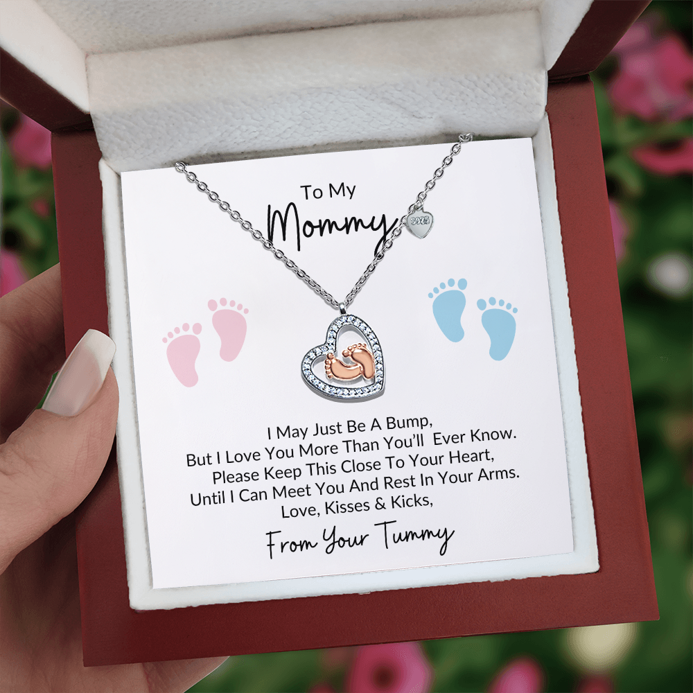 To My Mommy, From Your Tummy | Baby Feet Heart Necklace