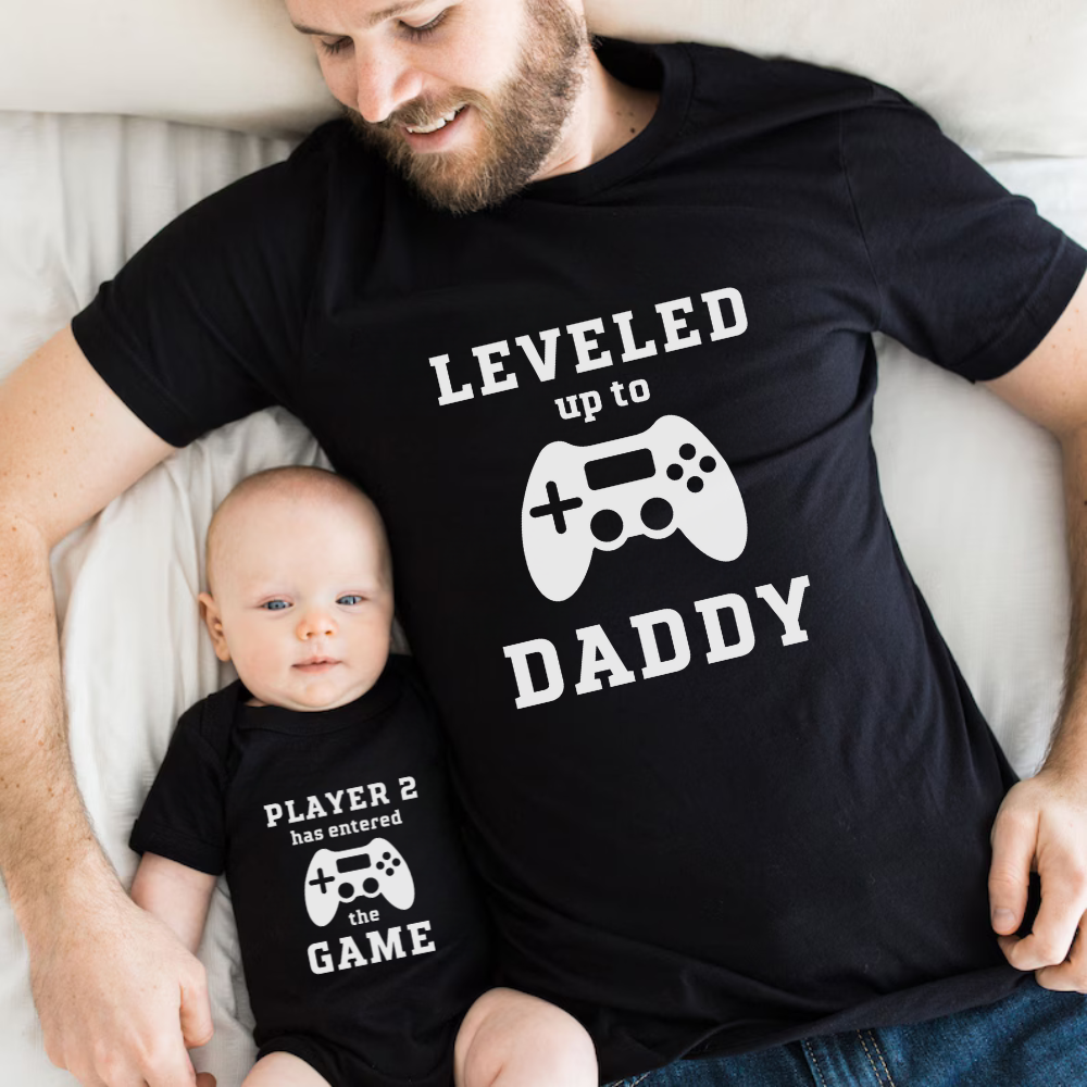 Leveled Up to Daddy T-Shirt & Matching Baby Onesie Set | New Dad Gift