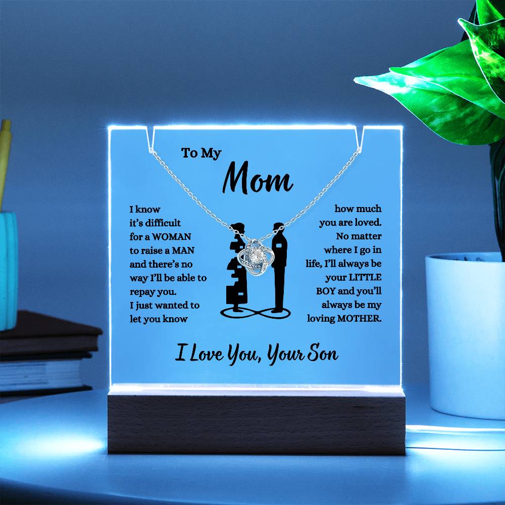 To My Mom, You Are Loved | From Your Son LED Acrylic & Love Knot Necklace