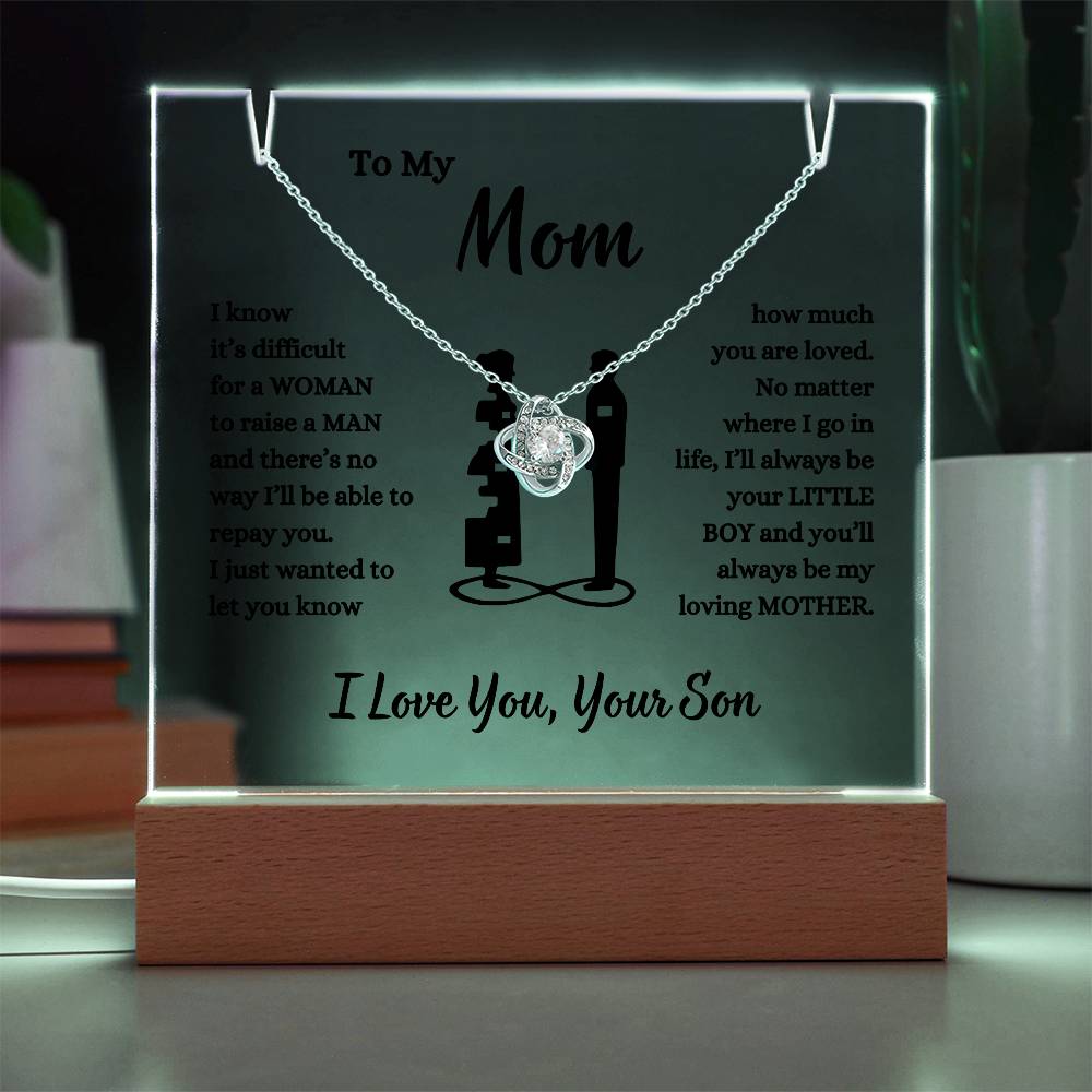 To My Mom, You Are Loved | From Your Son LED Acrylic & Love Knot Necklace