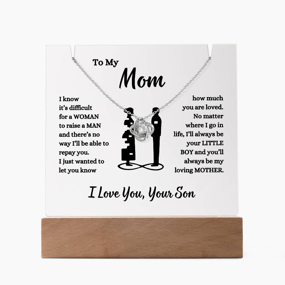 To My Mom, You Are Loved | From Your Son LED Acrylic & Love Knot Necklace