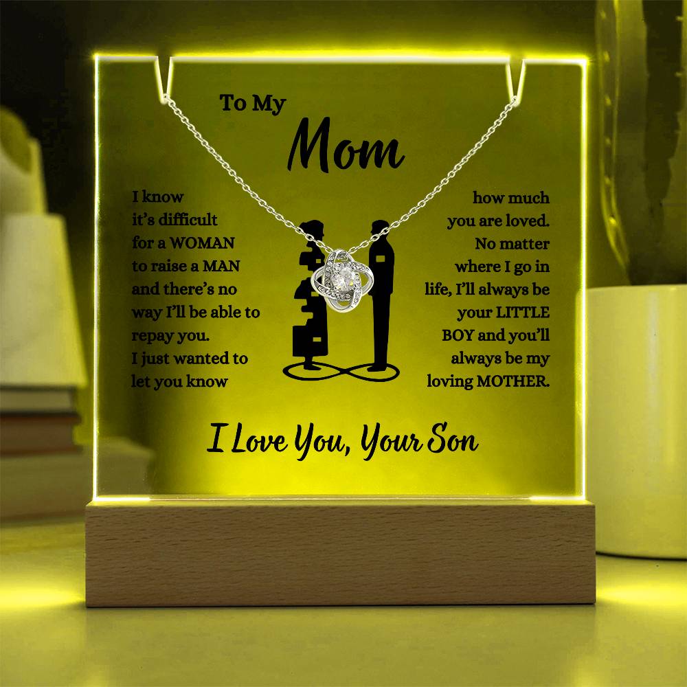 To My Mom, You Are Loved | From Your Son LED Acrylic & Love Knot Necklace