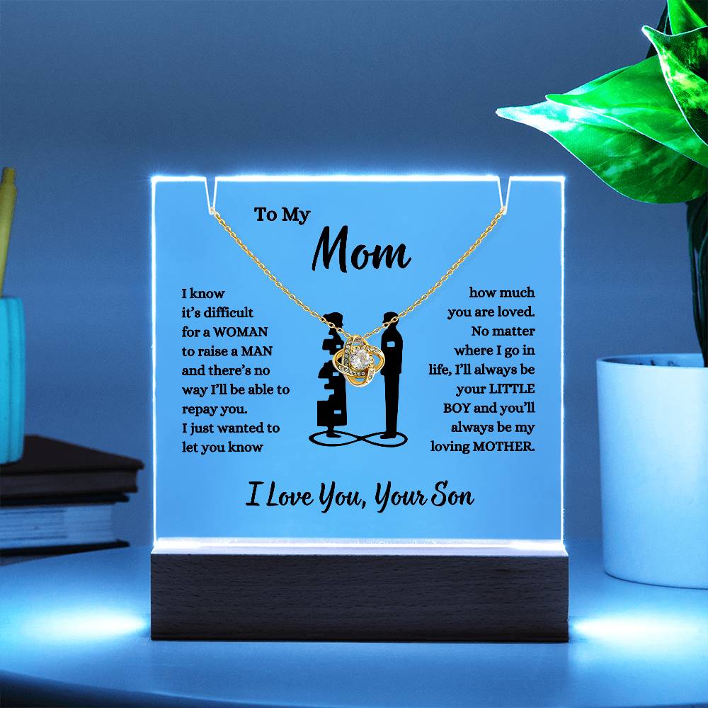 To My Mom, You Are Loved | From Your Son LED Acrylic & Love Knot Necklace