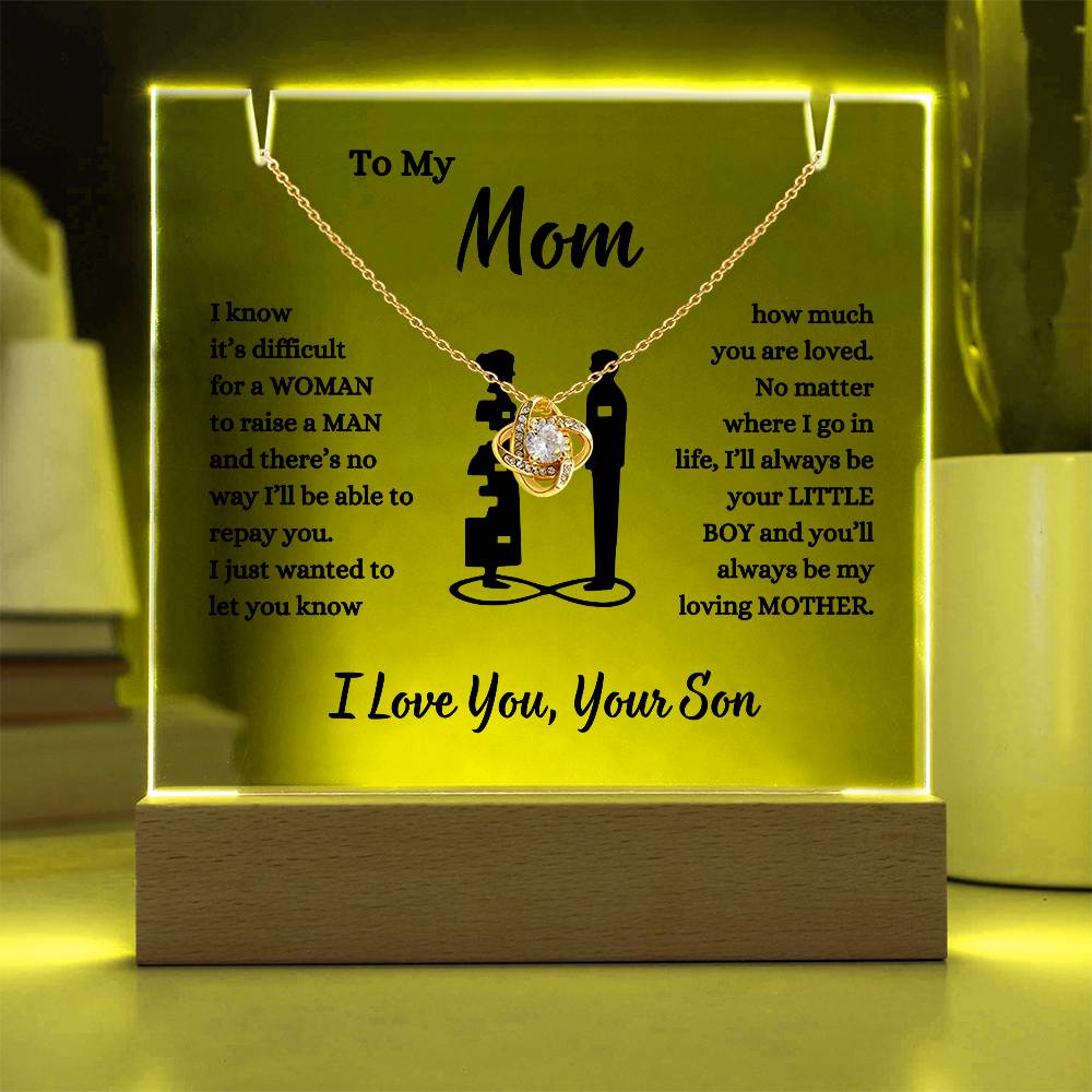 To My Mom, You Are Loved | From Your Son LED Acrylic & Love Knot Necklace